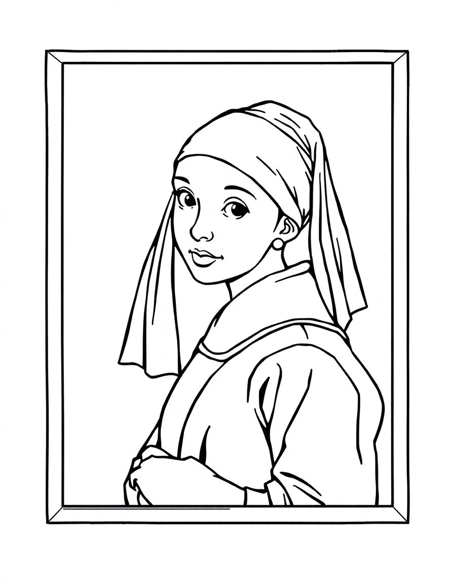 Girl with a Pearl Earring by Vermee,in a frame, simple lines,fully enclosed shapes,cartoon coloring