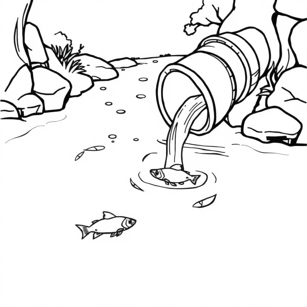 A water pipe, the water inside flows into the river, and there are fish in the river.