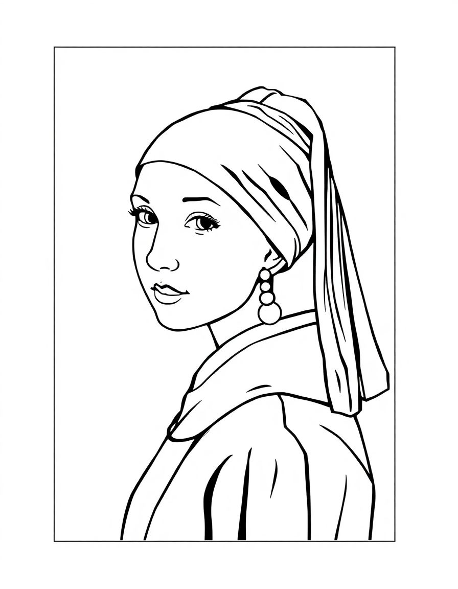 Girl with a Pearl Earring,coloring book,in a frame, clean and line,fully enclosed shape