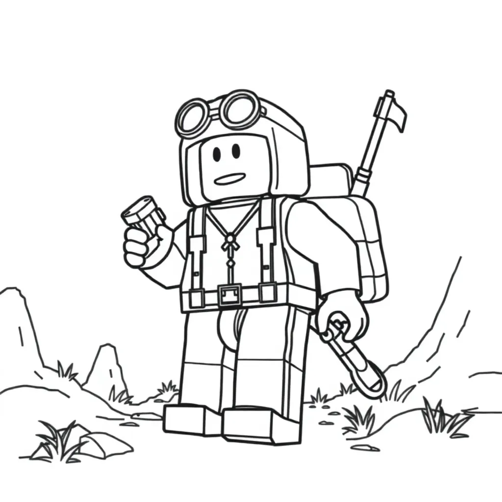 Roblox adventure scene, coloring page, detailed outline