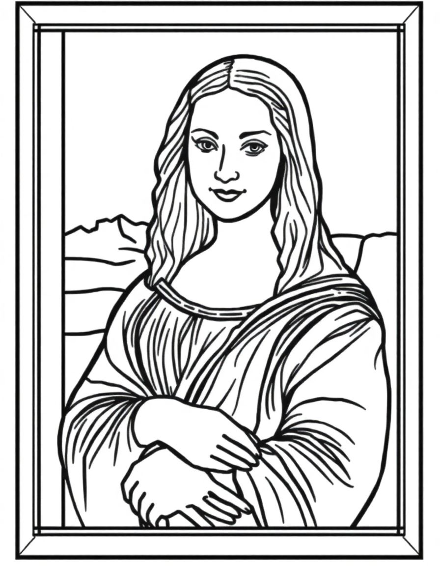 Mona Lisa by Leonardo da Vinci, for coloring book,in a frame, clean and line drawing