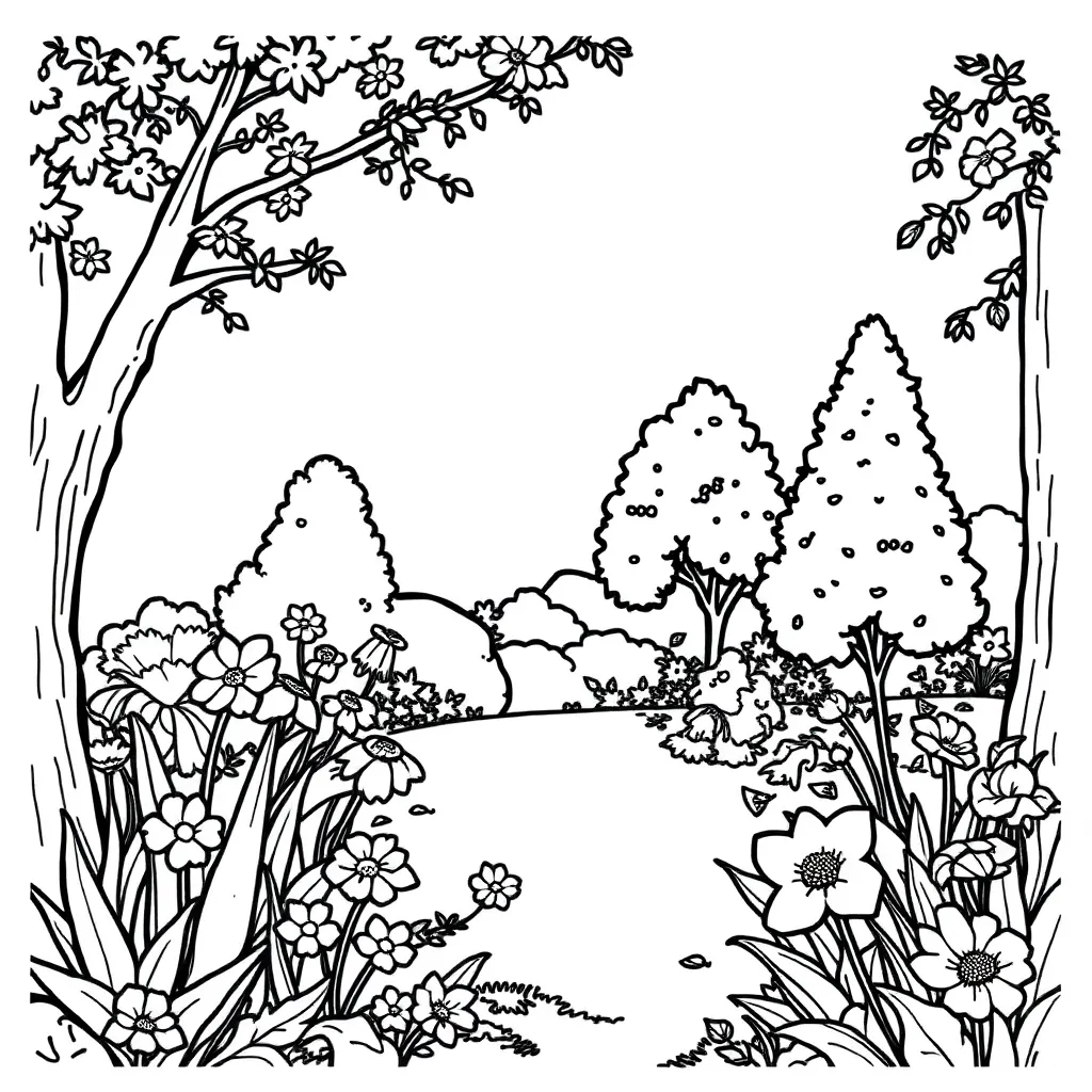 help me draw a picture about a garden with some trees and flowers