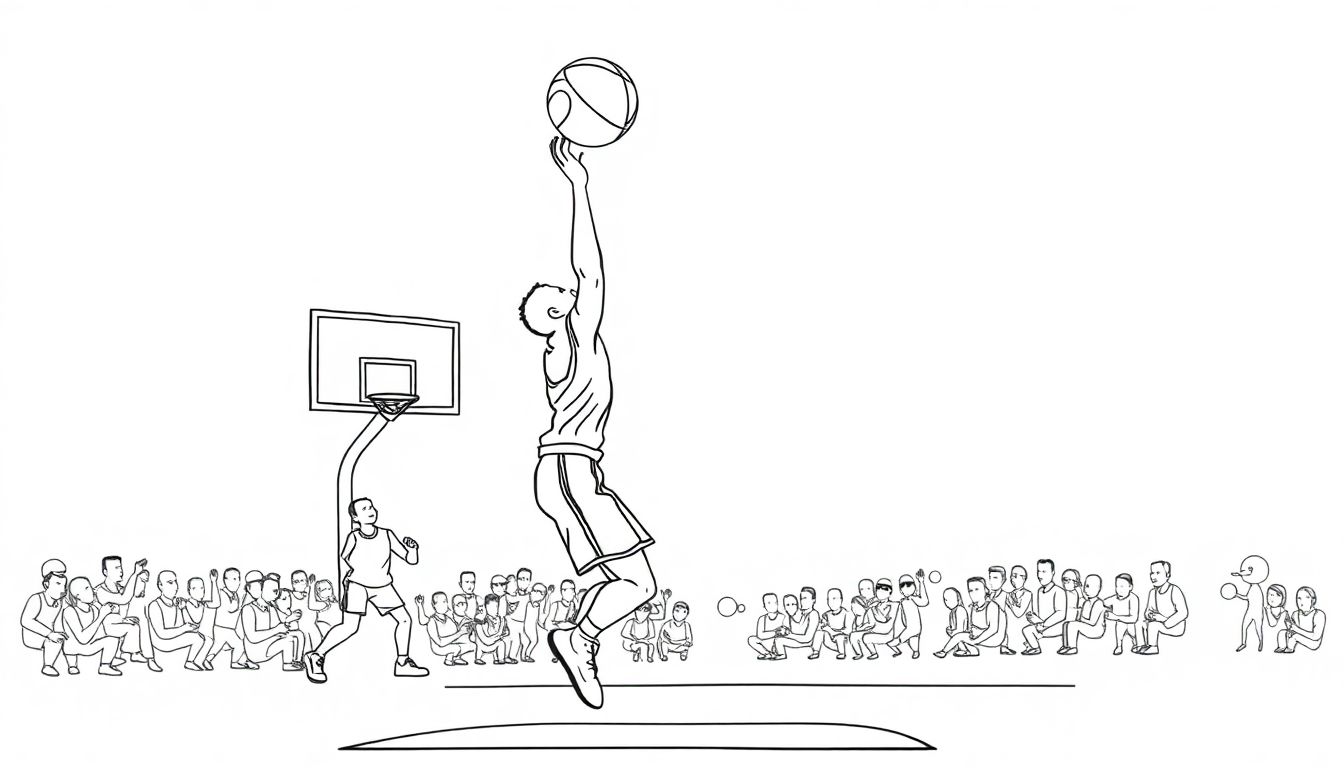 26 basketball boy layup score line drawing art A4 size.
