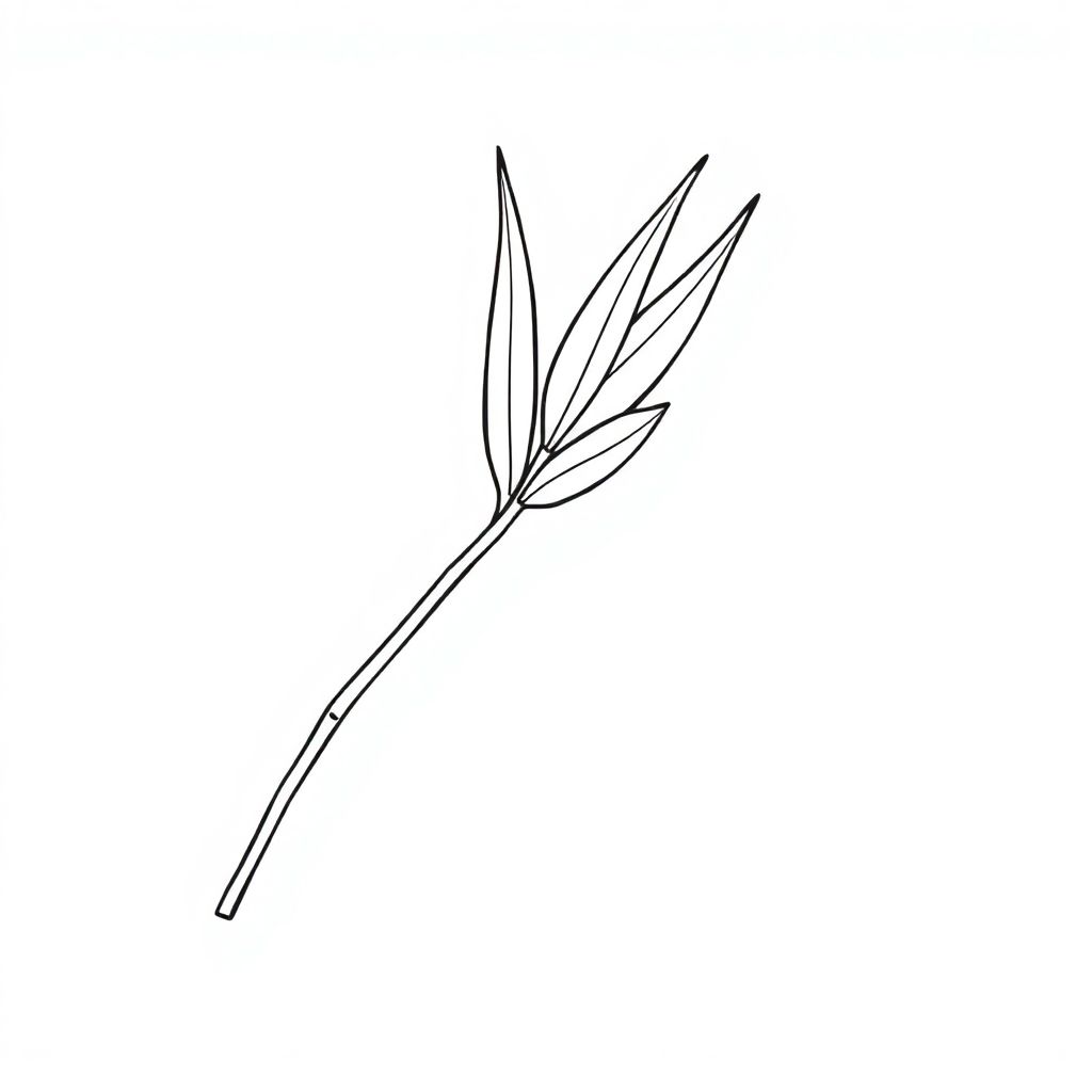 single bamboo leaf, long and thin shape, slightly curved tip, clean line art, simple outline