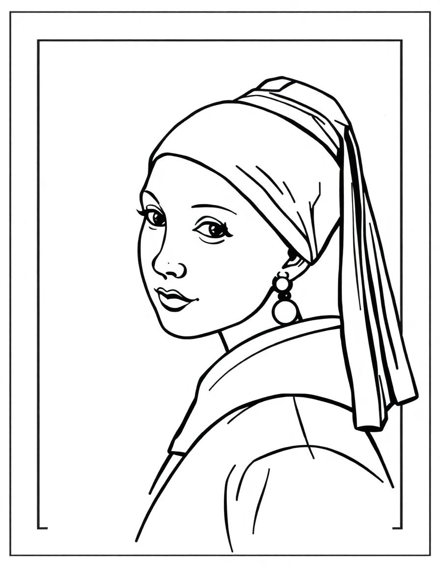 Girl with a Pearl Earring by Vermee,in a frame, simple lines,fully enclosed shapes,coloring book