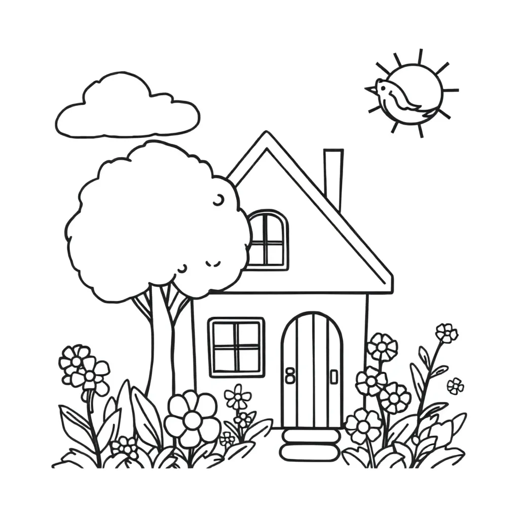 House, tree, flower, cloud, sun, bird
