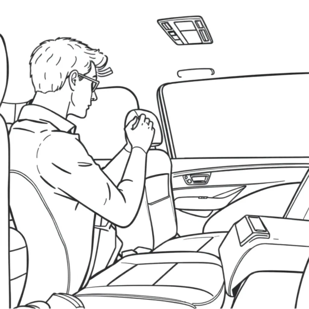 line art traveler installing headrest on car seat minimal interior storyboard style