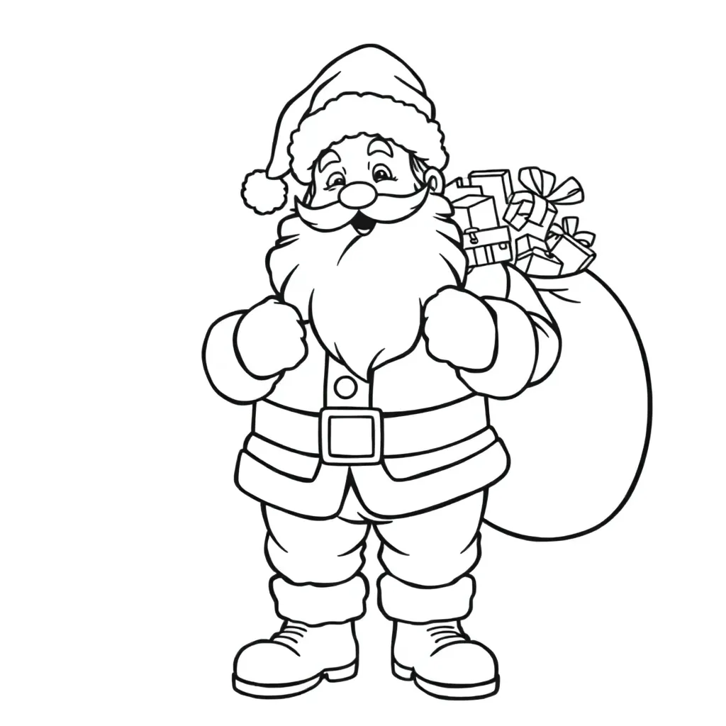 Santa Claus standing with a big gift sack full of toys, smiling warmly, wearing suit with