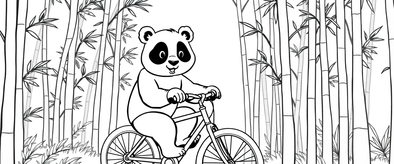 Panda riding a bicycle through a bamboo forest