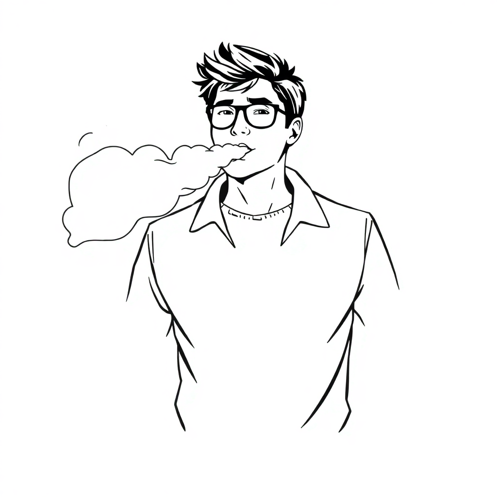 person accompanied by puff smoke like gas upon exhalation