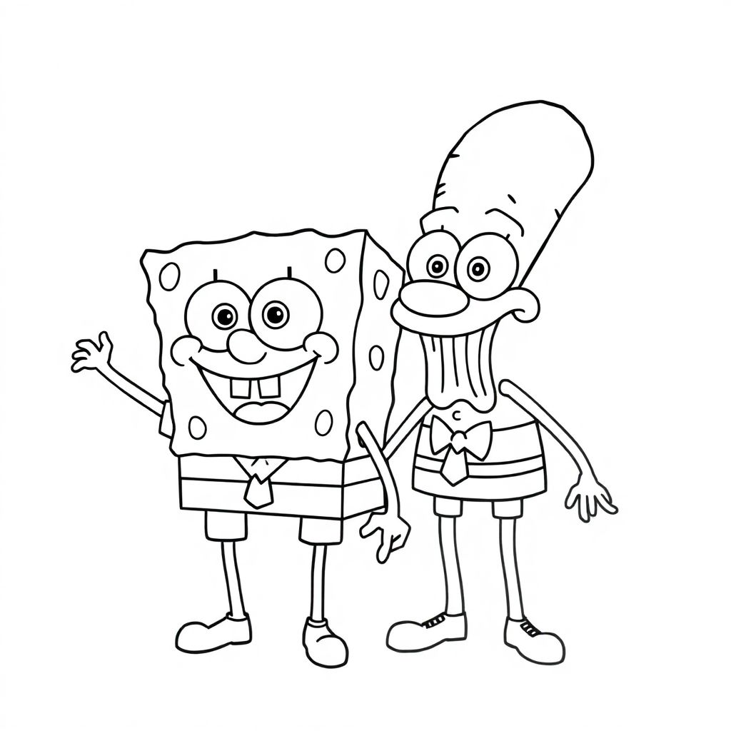 SpongeBob SquarePants and Squidward Tentacles, line art, and outline, simple sketch
