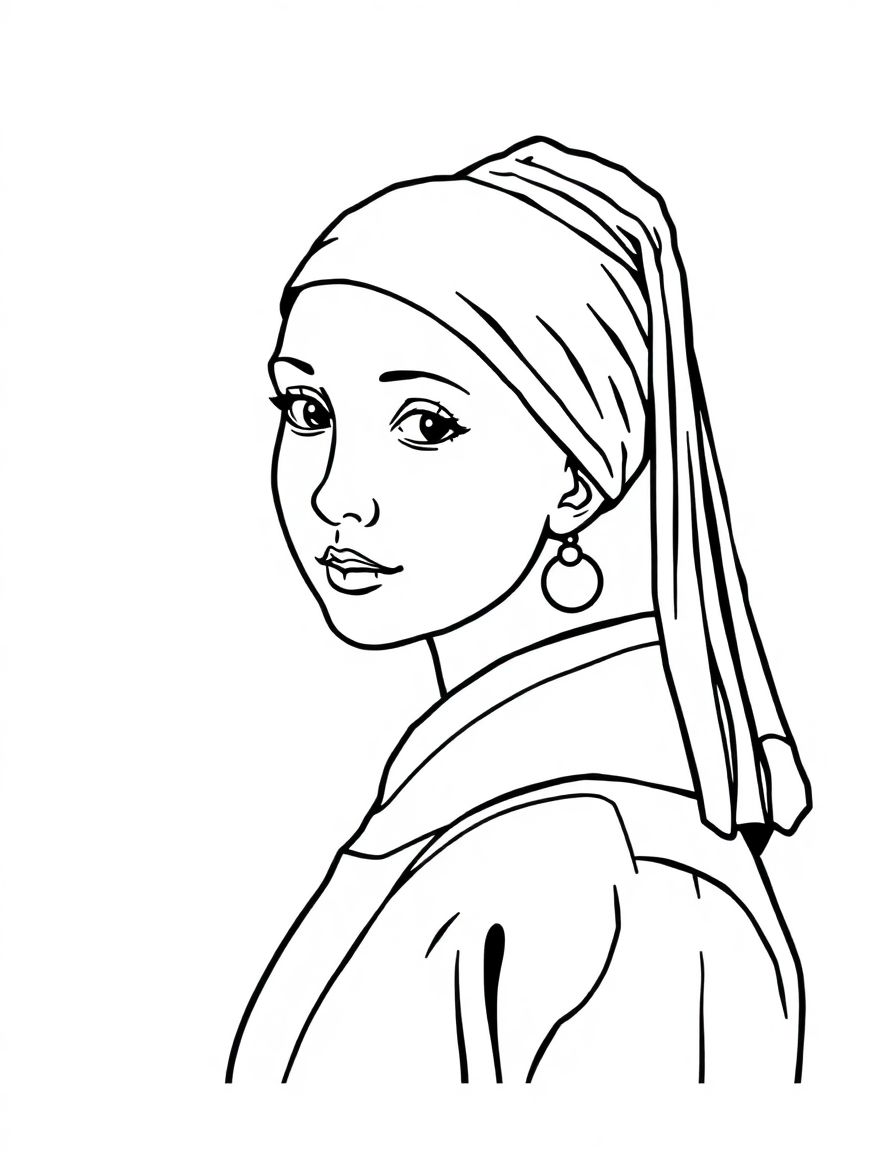 Girl with a Pearl Earring,coloring book,in a frame, fully enclosed shapes