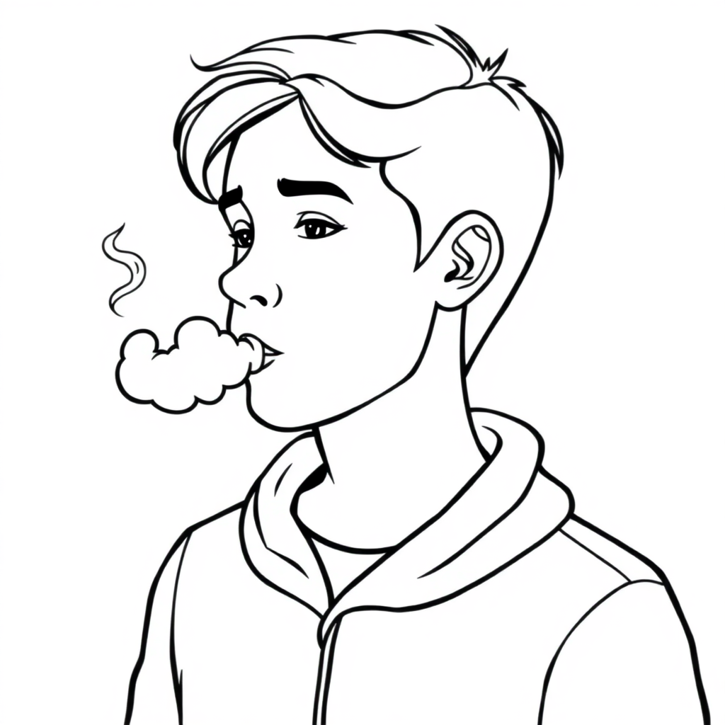 A person accompanied by a puff of gas exhaled from their nose