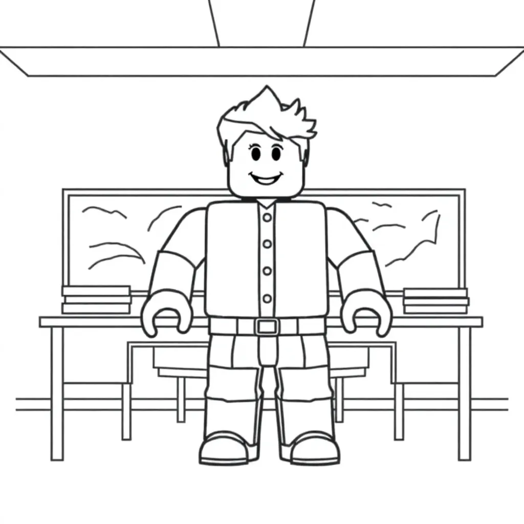 Roblox character in classroom, outline drawing
