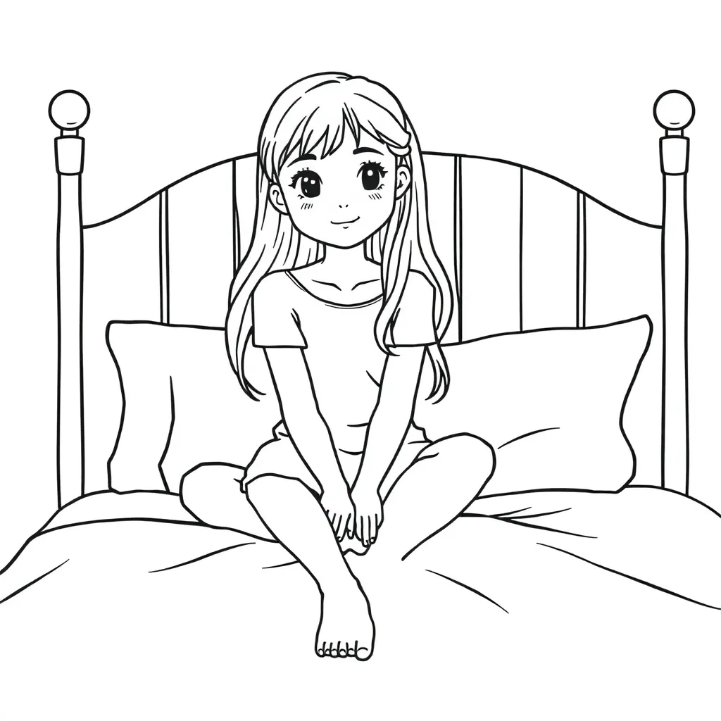 a girl is siting on the bed