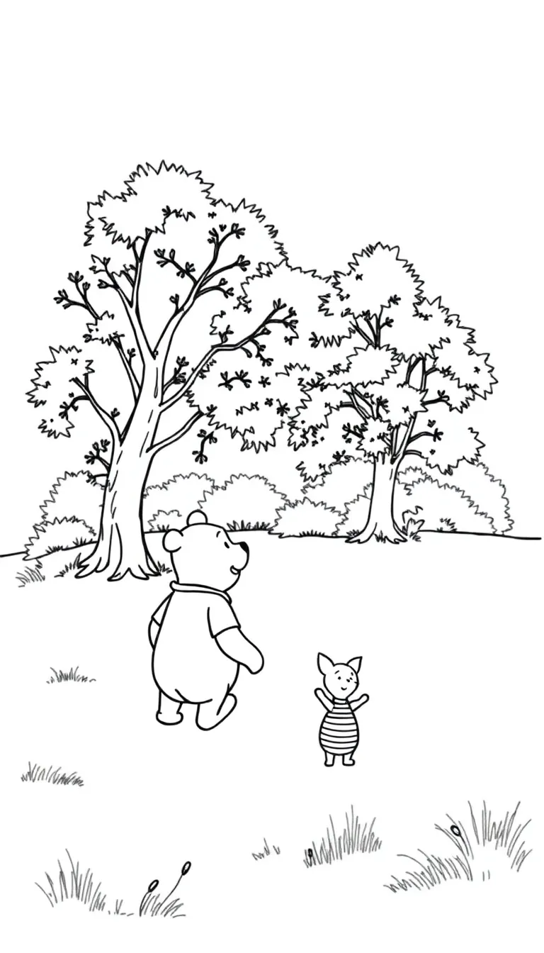 The sun was setting, casting a warm glow over the trees as Pooh and Piglet strolled along the windin