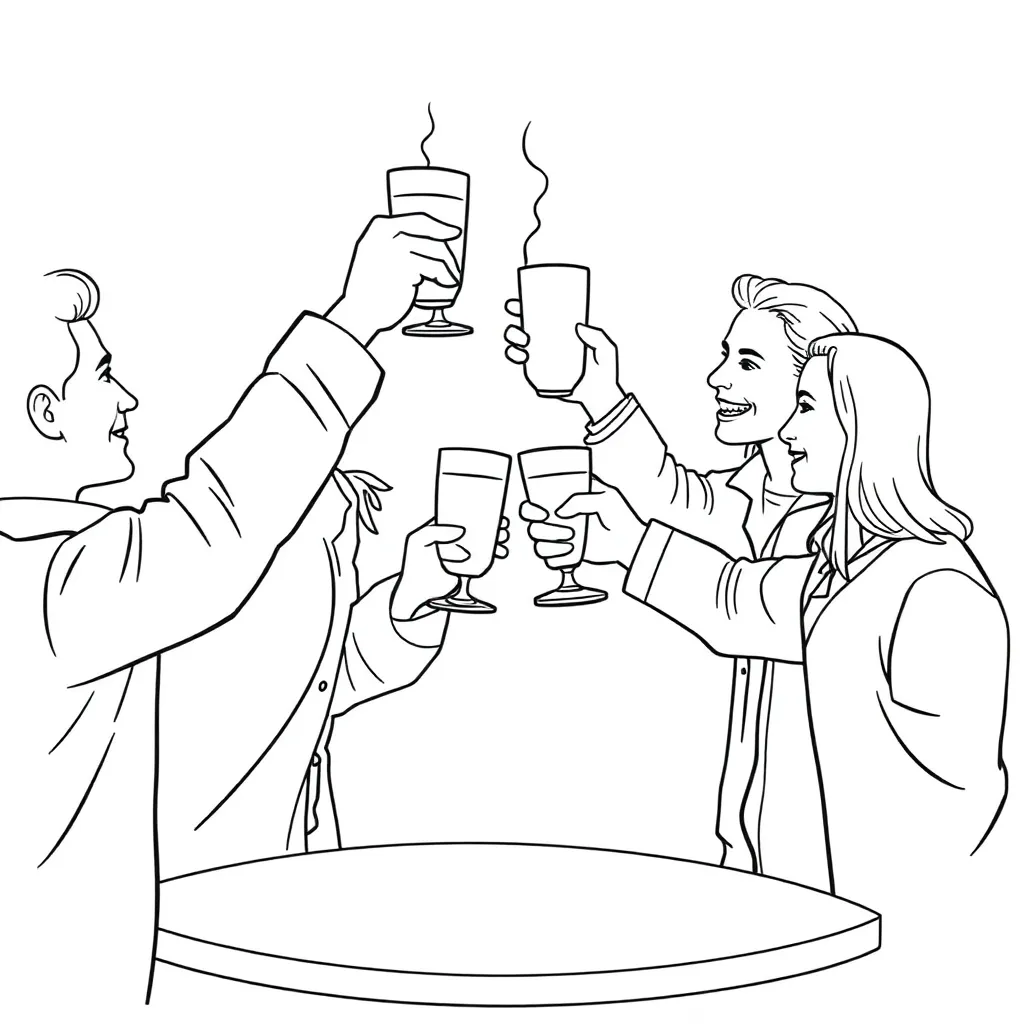 Several friends are raising cups celebrate new year.