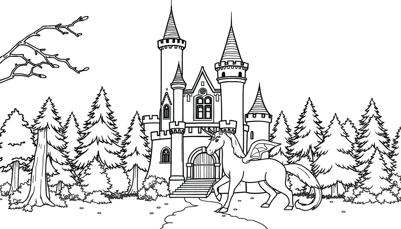 Castle , Unicorn , Dragon , Forest , Fairy tale