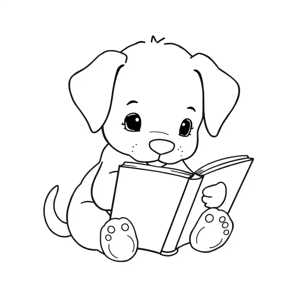 A puppy reading a book