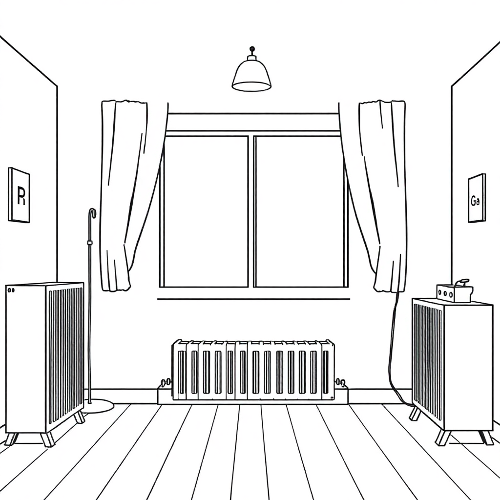 A room with heating and electric lights