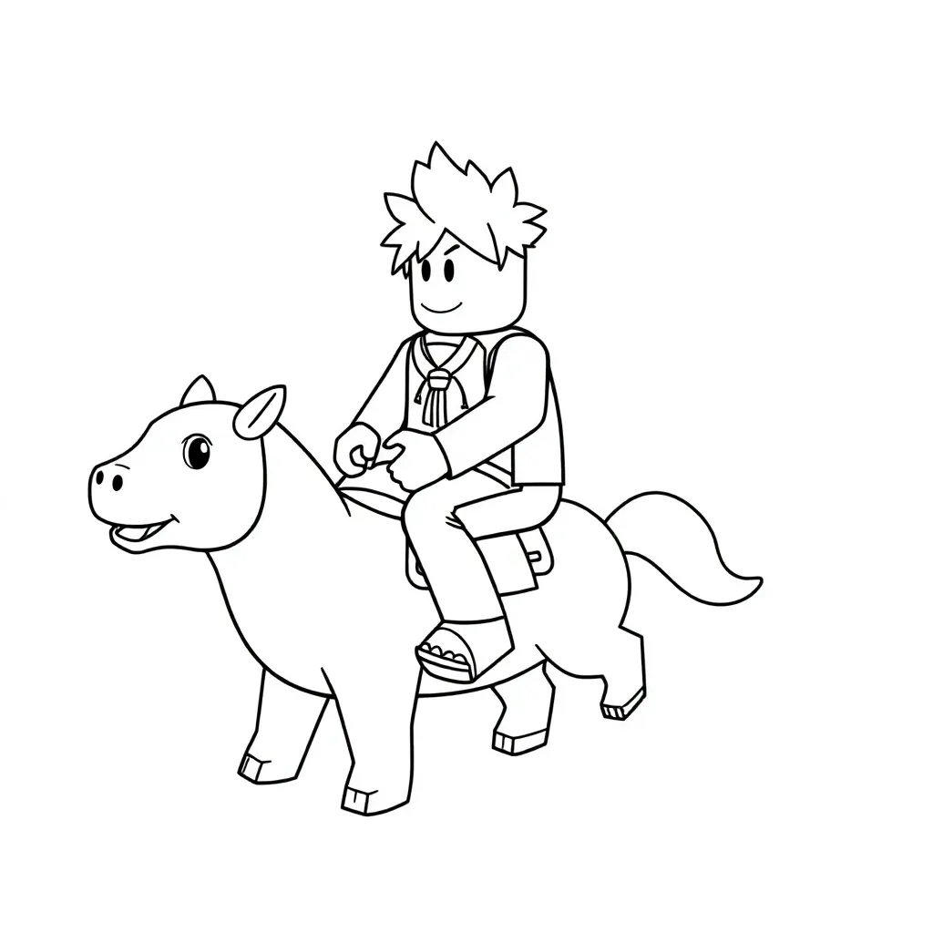 Roblox character riding animal, coloring book page