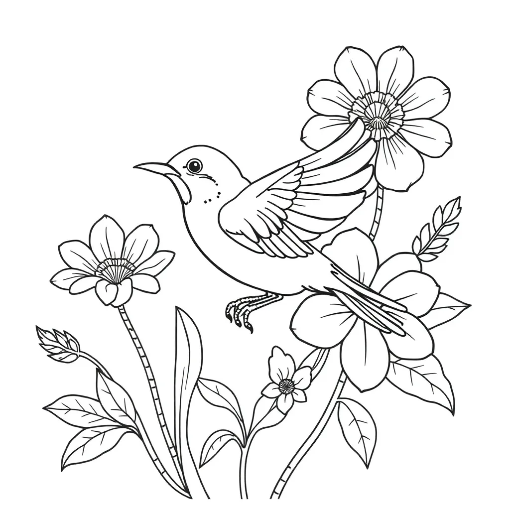 Bird flower lively lines animal plant elements