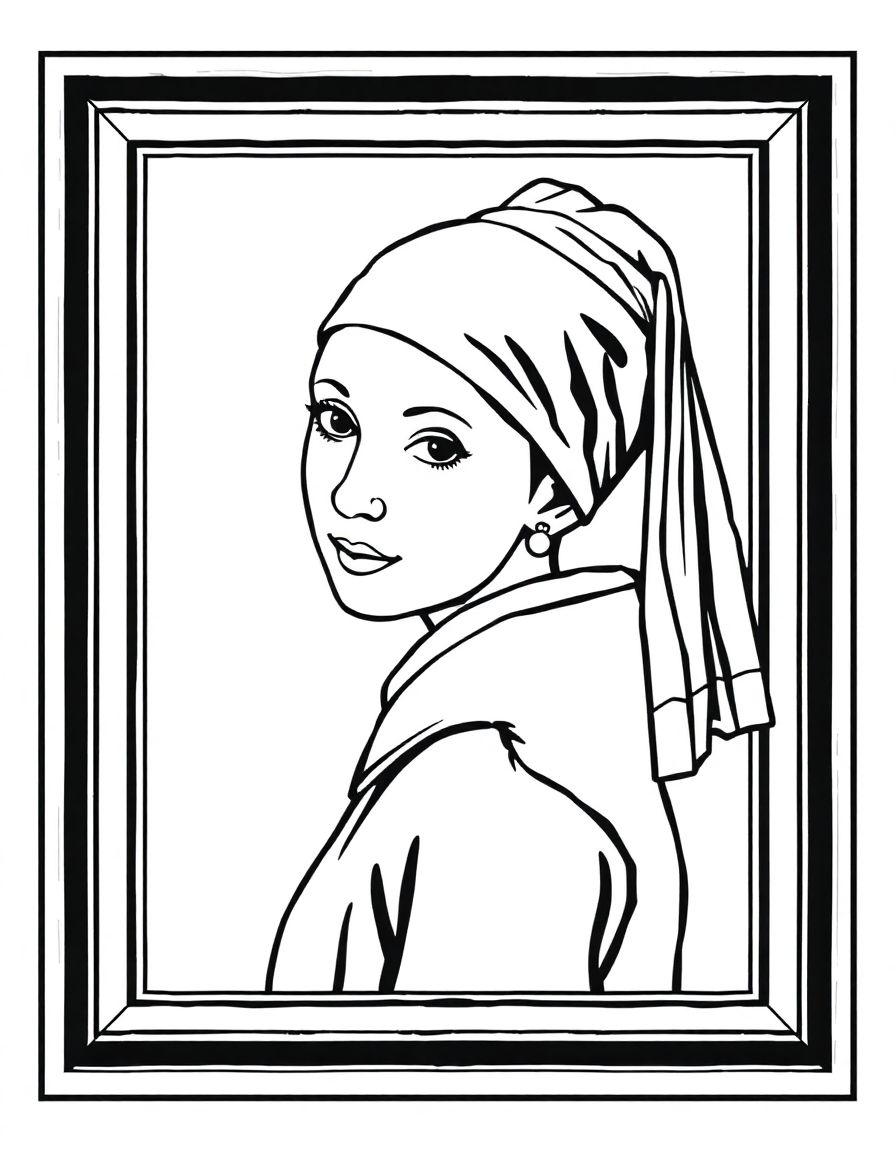 Girl with a Pearl Earring by Vermee,in a frame,same lines,fully enclosed shapes,coloring book