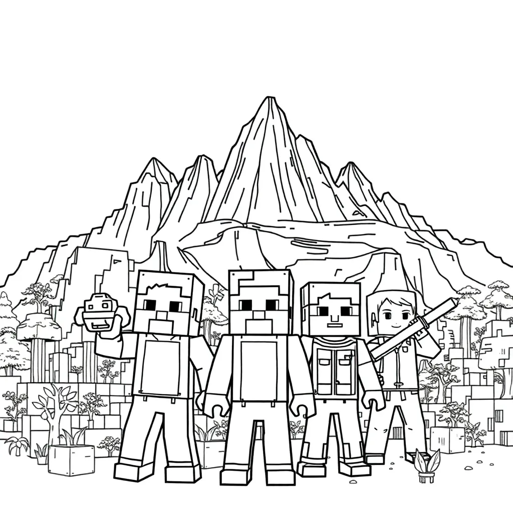 minecraft world in the background few main charactor in foreground