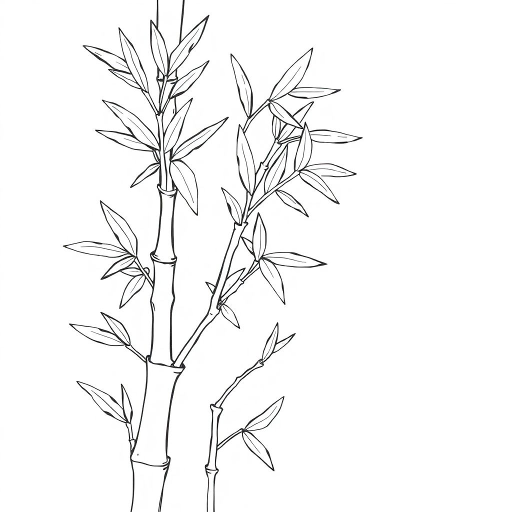 bamboo stalk, with bamboo leaves, clear nodes, 2D line art, simple lines, and , children