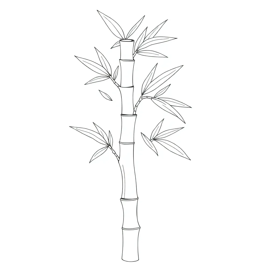 bamboo stalk with bamboo leaves clear nodes 2D line art simple lines black and white children