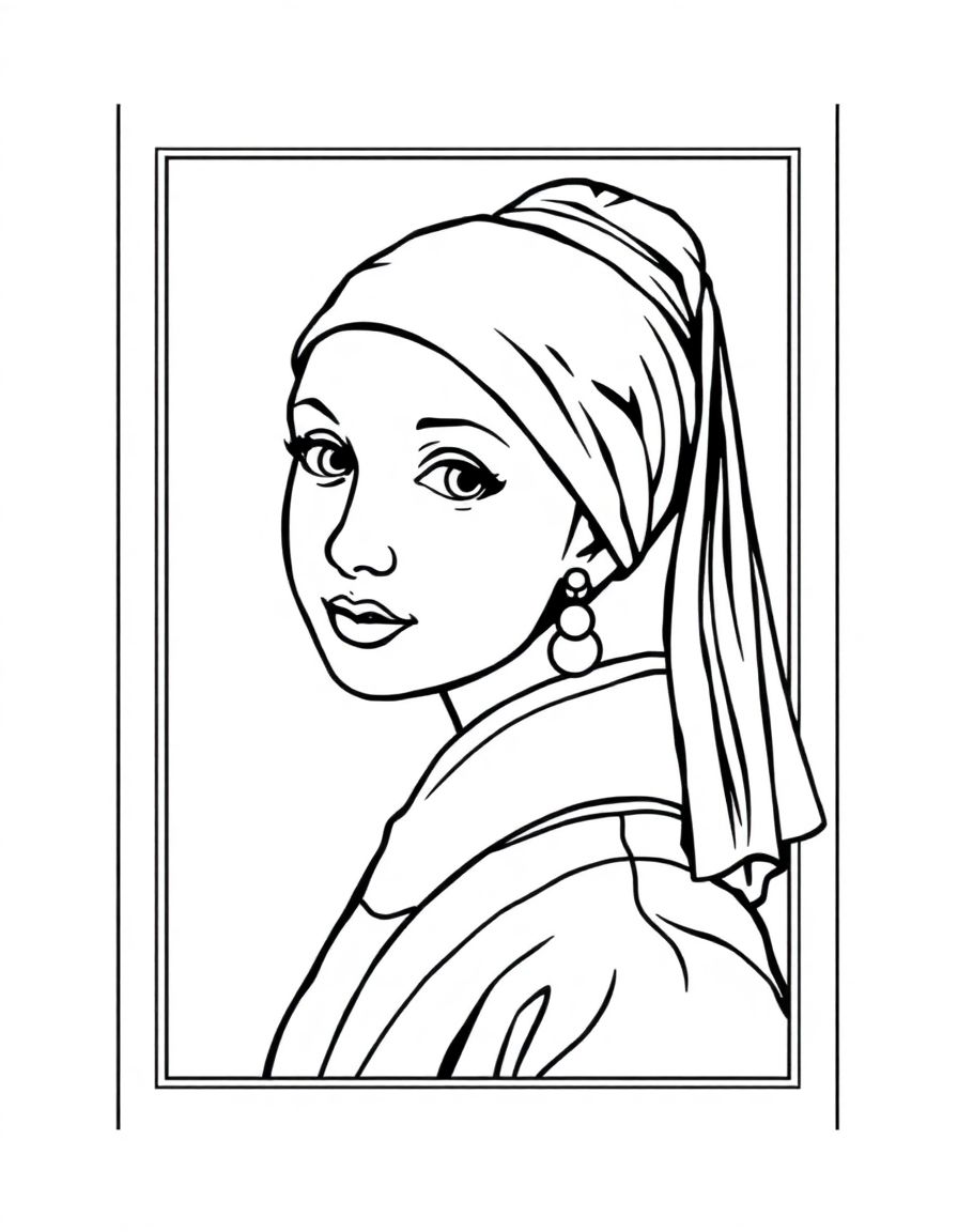 Girl with a Pearl Earring, for coloring book,in a frame, clean and line drawing