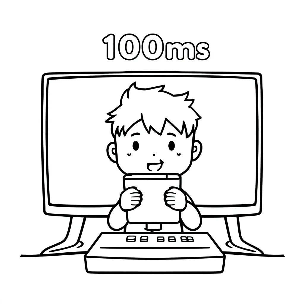 chibi style character is playing a game in the screen and a 100ms delay is displayed above his head