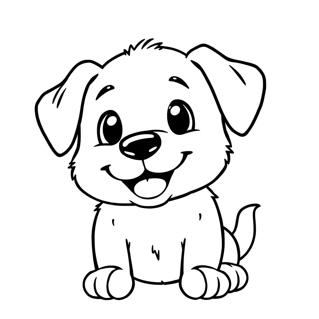 Cute happy puppy, 1px solid closed lines, 7 independent coloring blocks. Cheerful expression, simple