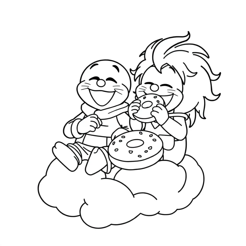 Sun Wukong and Doraemon are sitting on a cloud, eating donuts together