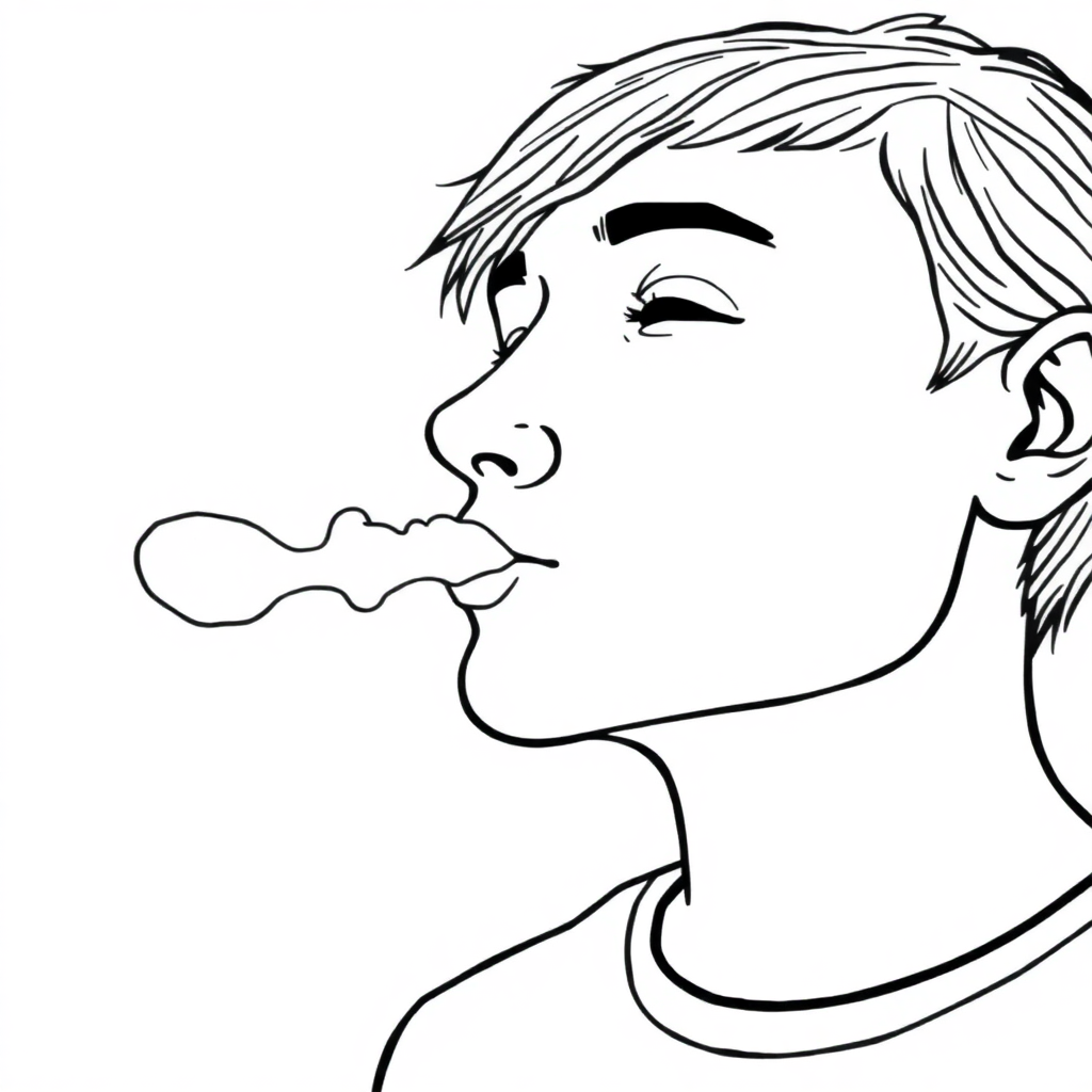 A person accompanied by a puff of gas exhaled from their nose
