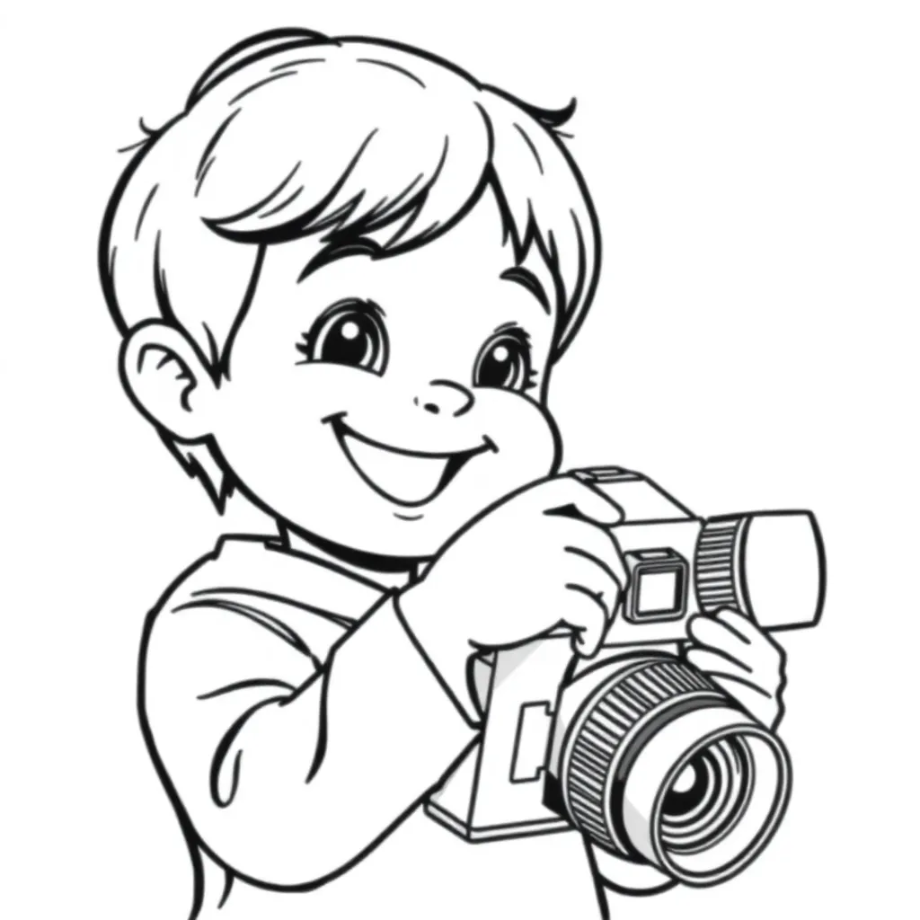 A smiling child holding a camera, simple background, and coloring book illustration.