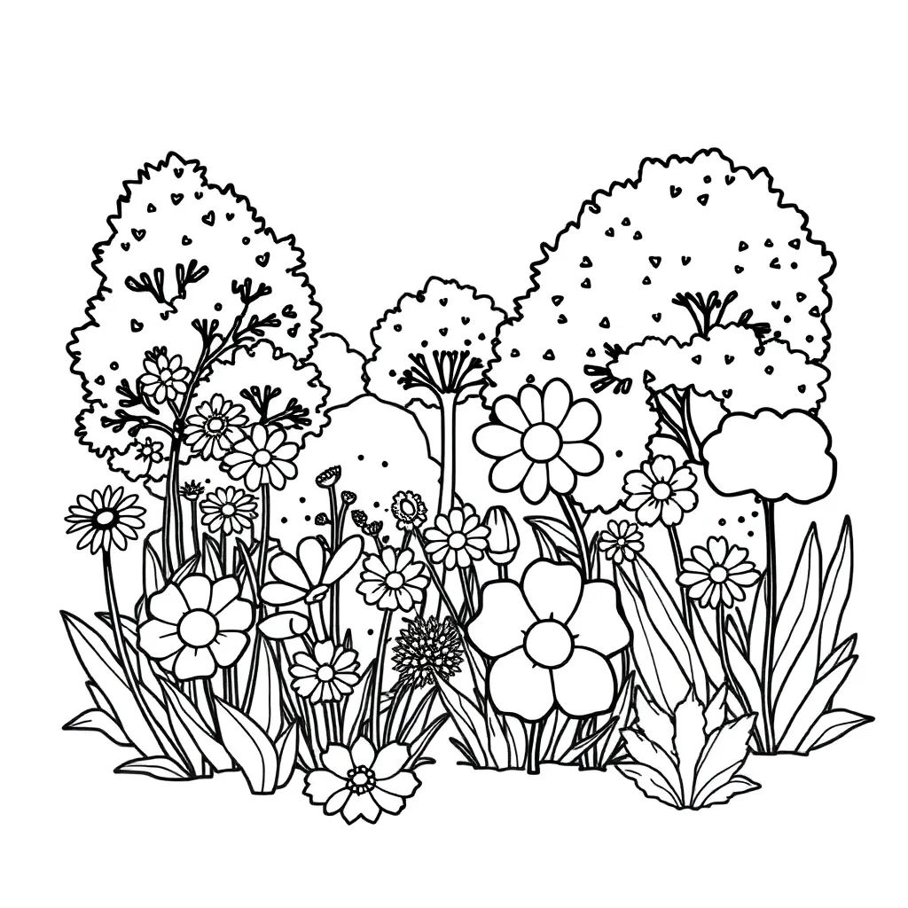draw a picture about garden with some different flowers and trees