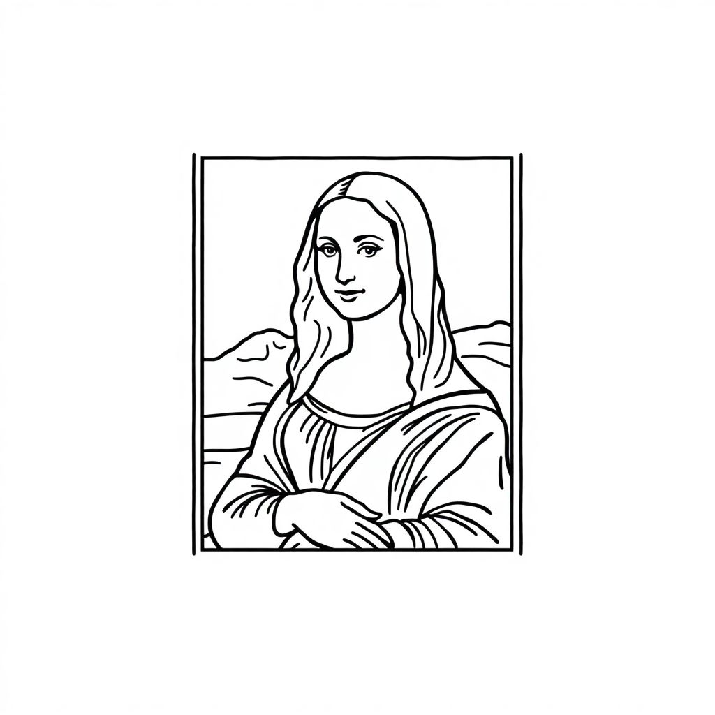 Mona Lisa by Leonardo da Vinci, in a frame, clean and line drawing
