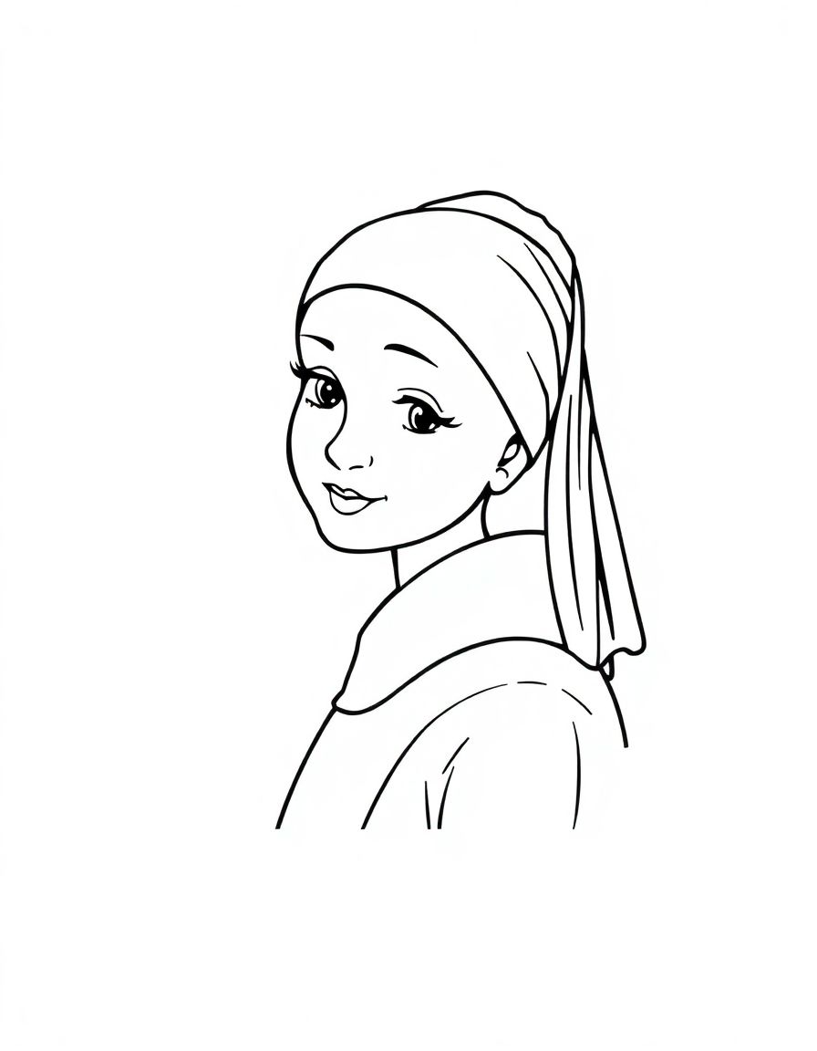Girl with a Pearl Earring,cartoon,coloring book,in a frame, simple lines,fully enclosed shapes
