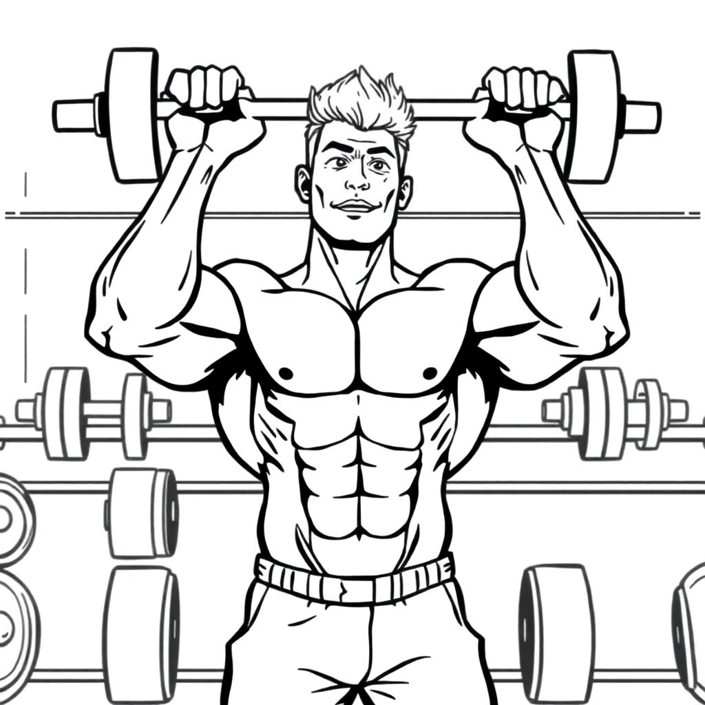 Blond male cartoon bodybuilder lifts heavy barbell in a gym setting above his head with both hands