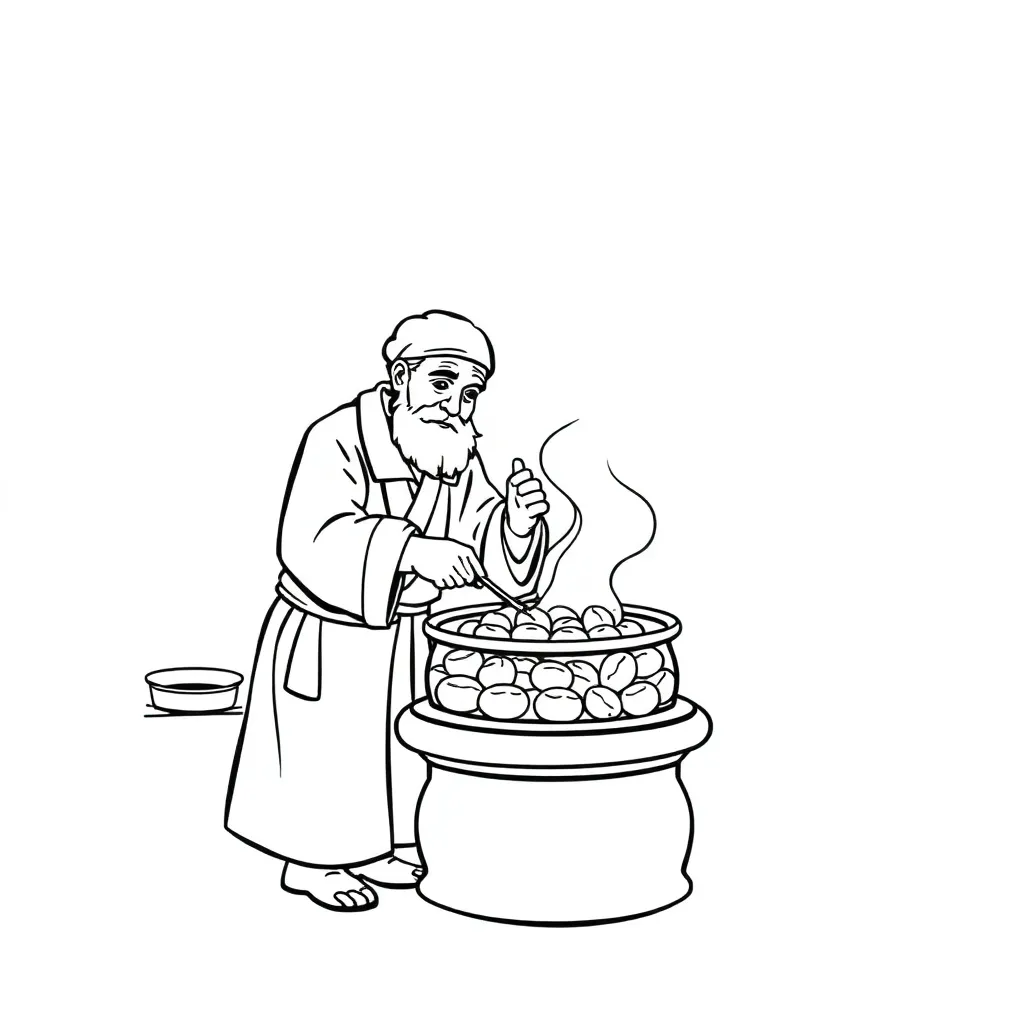 Draw a line illustration, ancient old doctor, by stove steamer steaming dates.