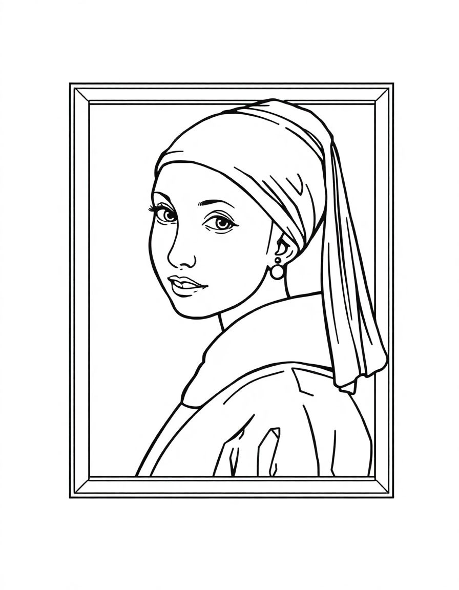 Girl with a Pearl Earring by Vermee,in a frame, simple lines,fully enclosed shapes,coloring book