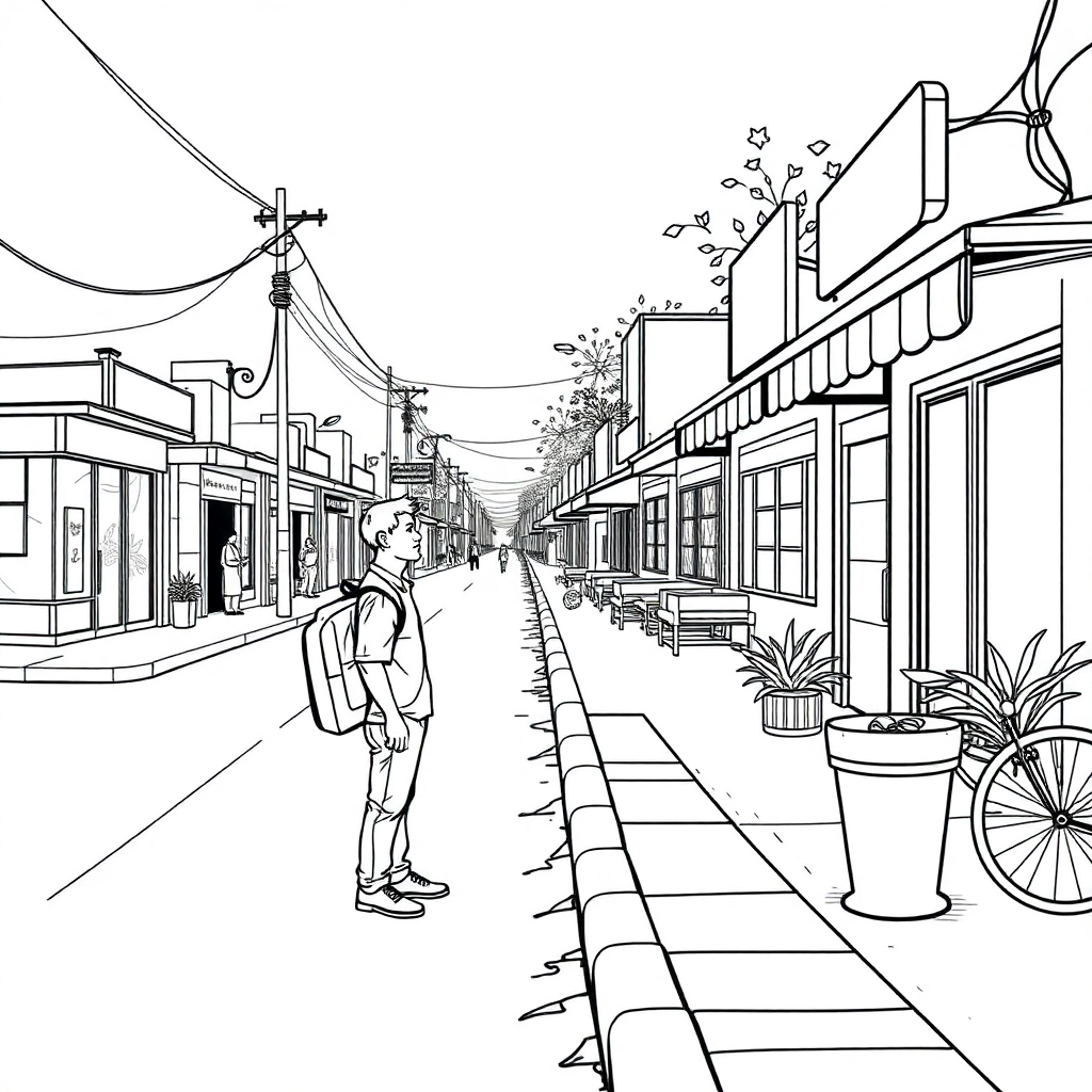 A man on road side talking to a school going boy
The road is surrounded by shops in 1980 style