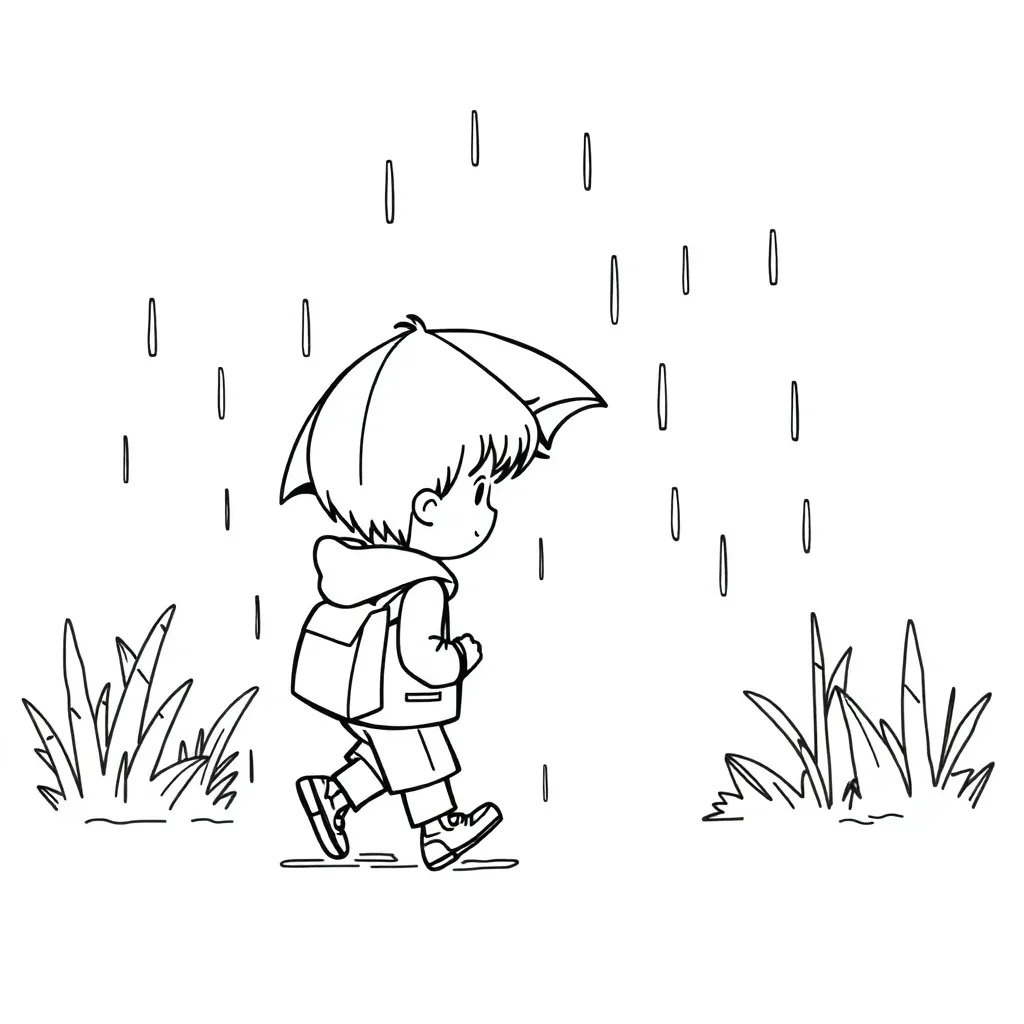 A small boy going home in the rain.