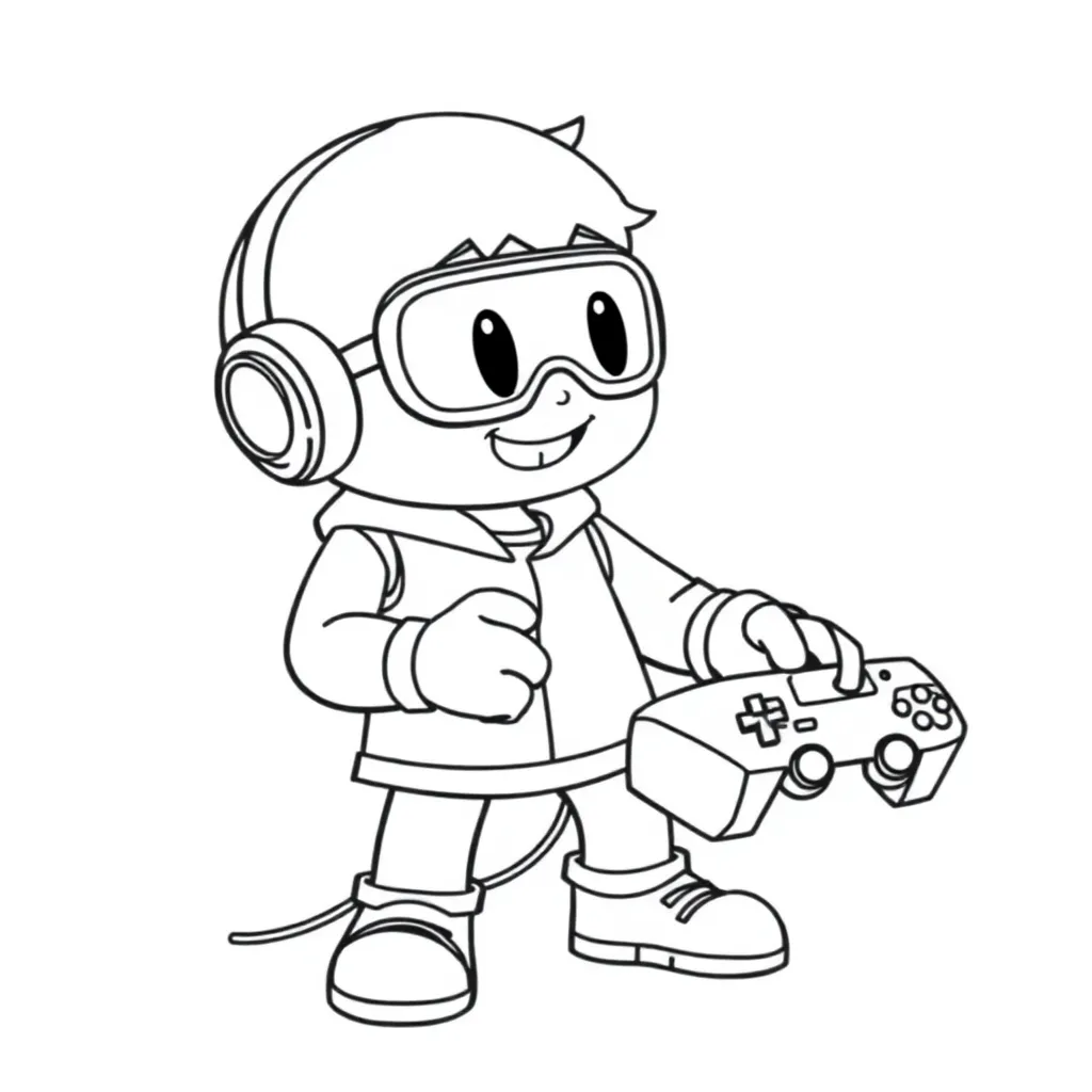 Gaming character with controller, outline drawing, simple lines