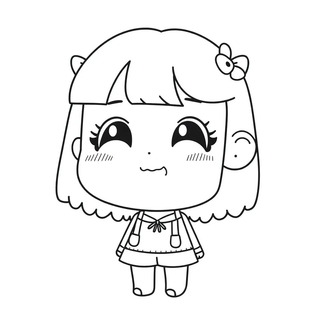 Kawaii block style girl, coloring book page, and