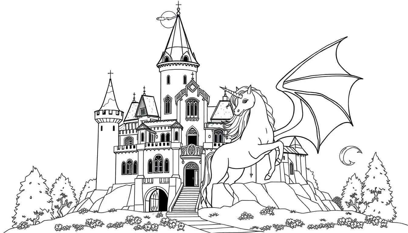 Fantasy castle with unicorn and dragon