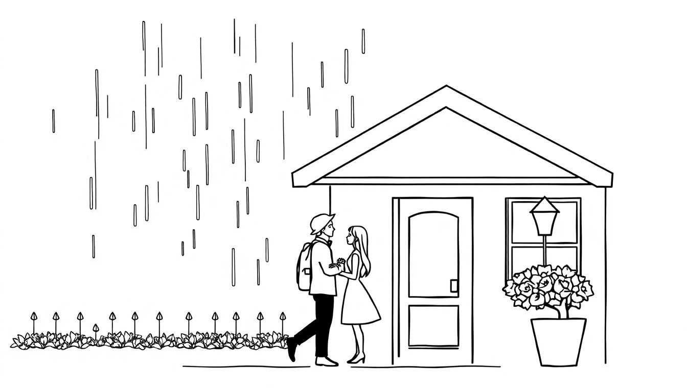 Romantic under the eaves on a rainy day