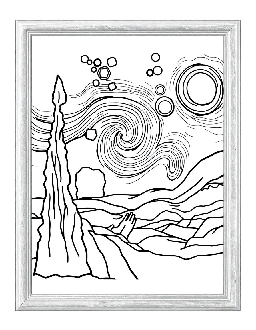 Starry Night by van Gogh,in a frame, simple lines,fully enclosed shapes