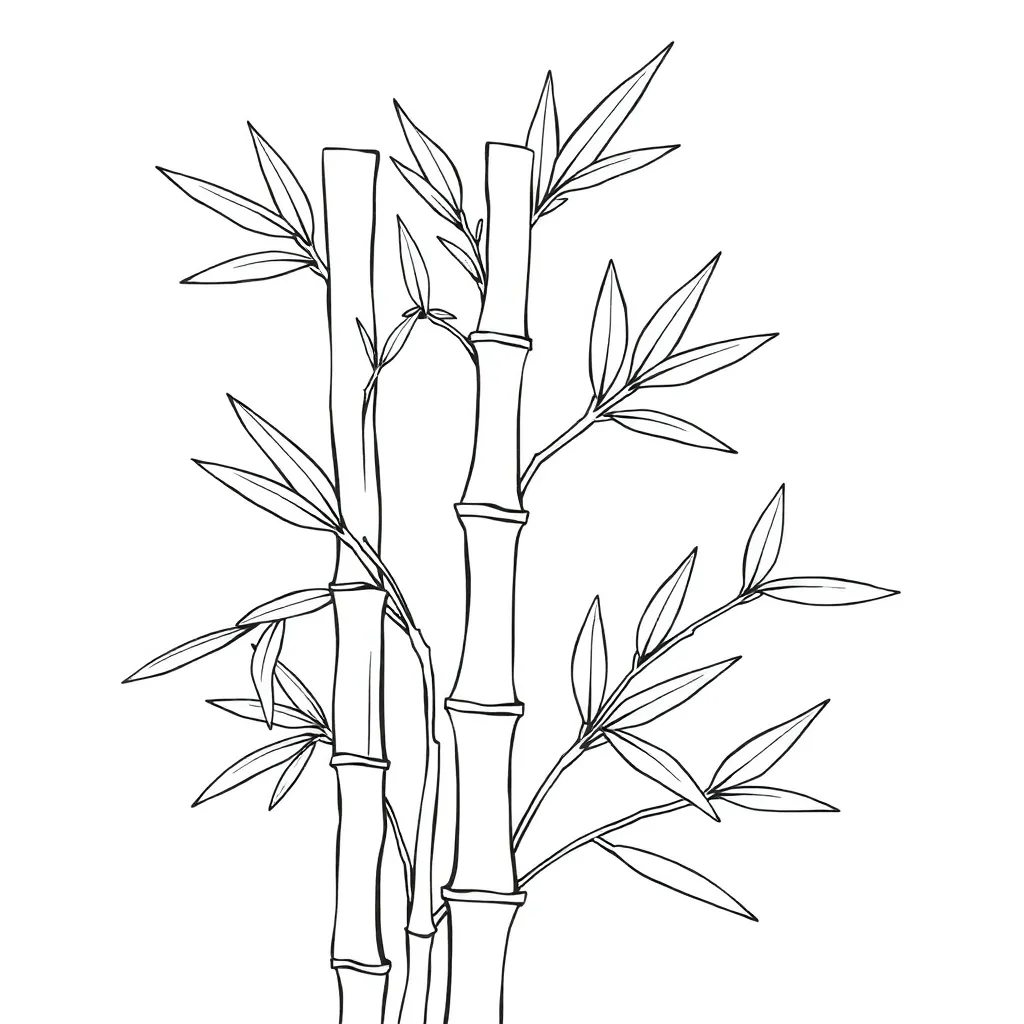 bamboo stalk with bamboo leaves clear nodes D line art simple lines black and white children